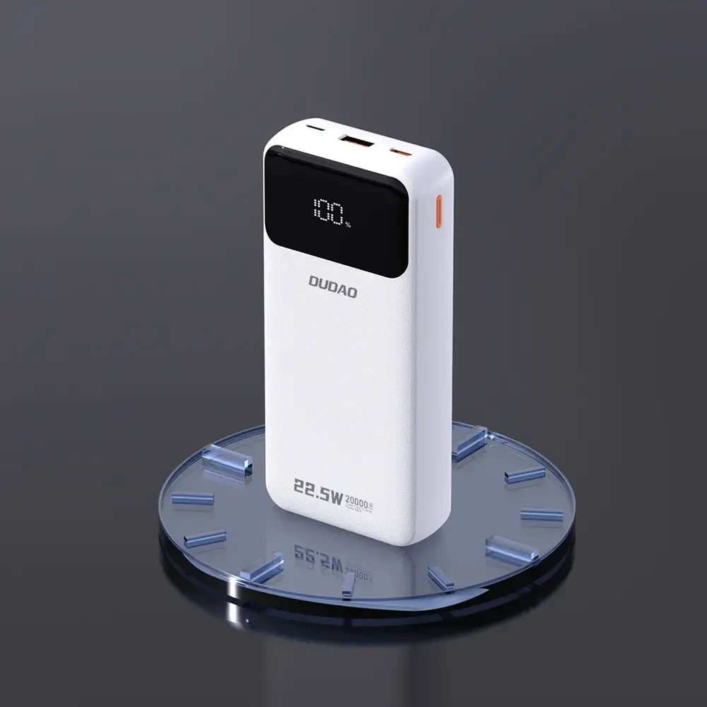 Dudao K15Pro Power Bank 20000mAh 22.5W PD USB-C / USB-A / integruotais Lightning ir USB-C kabeliais – baltos spalvos