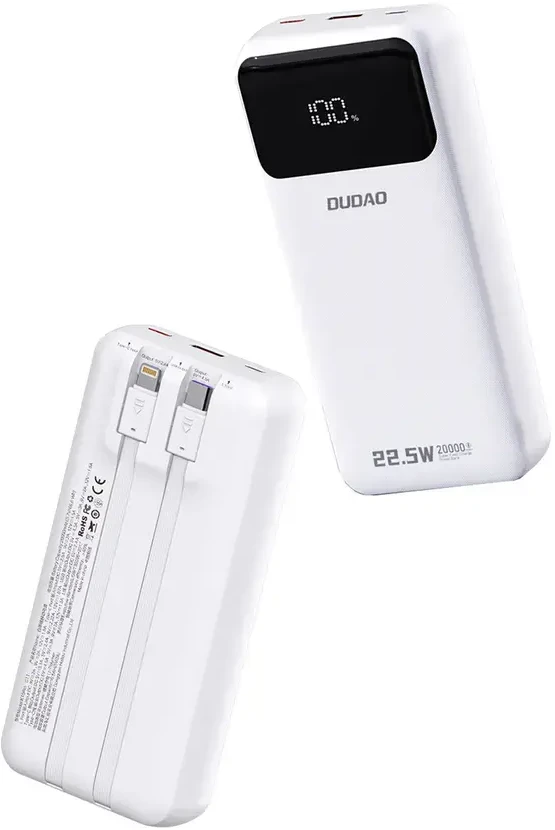 Dudao K15Pro Power Bank 20000mAh 22.5W PD USB-C / USB-A / integruotais Lightning ir USB-C kabeliais – baltos spalvos