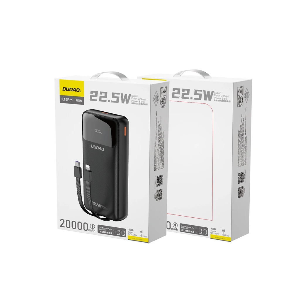 Dudao K15Pro Power Bank 20000mAh 22,5W PD USB-C / USB-A / Integruoti Lightning ir USB-C laidai – juodi