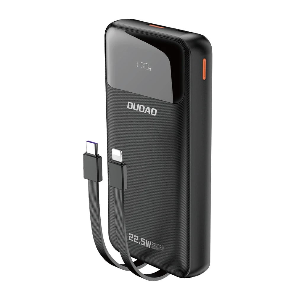 Dudao K15Pro Power Bank 20000mAh 22,5W PD USB-C / USB-A / Integruoti Lightning ir USB-C laidai – juodi
