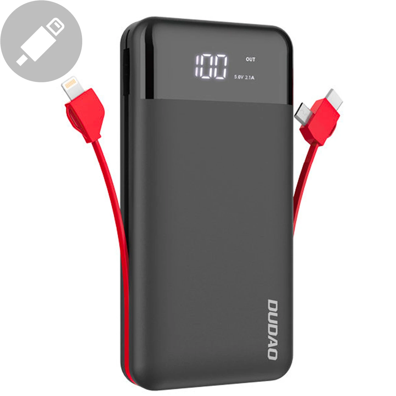 Išorinė baterija Power Bank Dudao K1Pro su įmontuotais laidais MicroUSB+Type-C+Lightning 20000mAh juoda