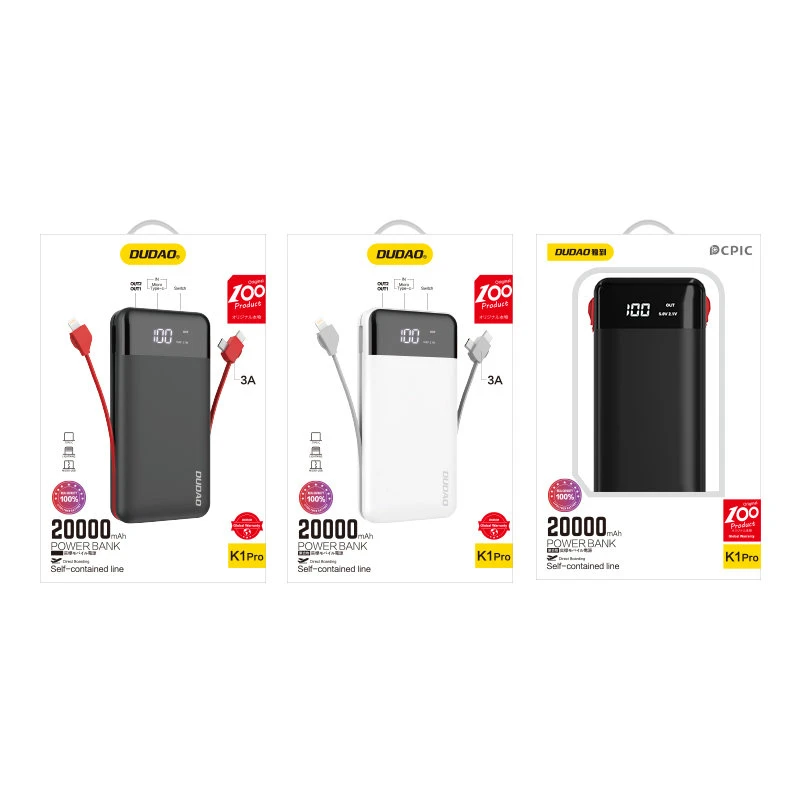 Išorinė baterija Power Bank Dudao K1Pro su įmontuotais laidais MicroUSB+Type-C+Lightning 20000mAh juoda