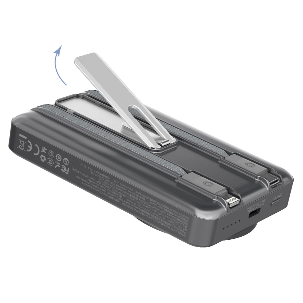 Dudao K29 10000mAh PD 20W „MagSafe“ išorinė baterija su metaliniu dėklu, stovu ir integruotais USB-C / „Lightning“ laidais – sidabro spalvos