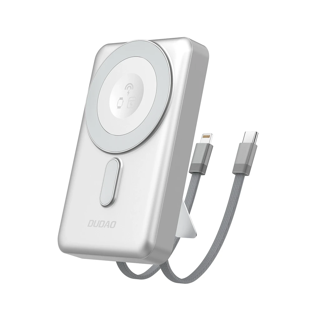 Dudao K29 10000mAh PD 20W „MagSafe“ išorinė baterija su metaliniu dėklu, stovu ir integruotais USB-C / „Lightning“ laidais – sidabro spalvos