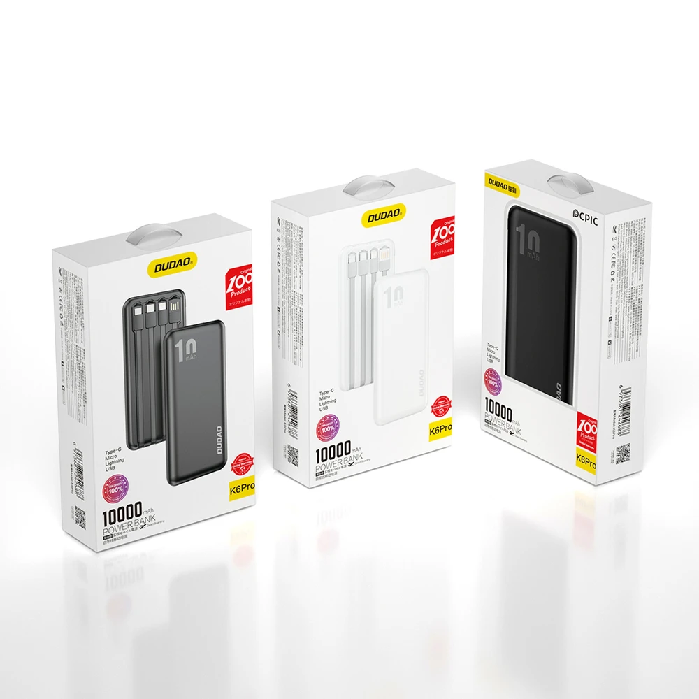 Dudao K6Pro universalus 10000mAh išorinis akumuliatorius su USB laidu, USB Type C, Lightning juodas (K6Pro-juodas)