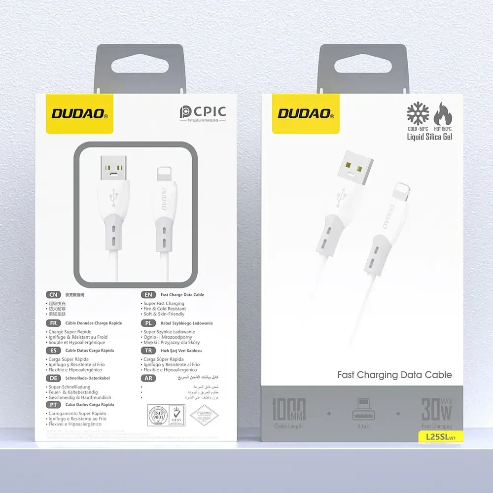 Dudao L25SL 30W USB-A - Lightning kabelis su minkštu silikoniniu apvadu 1m - Baltas