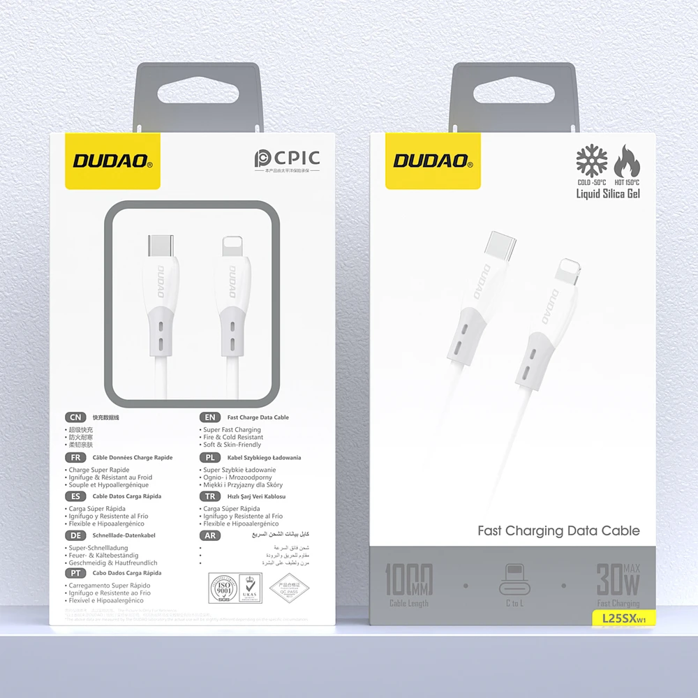 Dudao L25SX 30W USB-C - Lightning kabelis su minkštu silikoniniu apvadu 1m - Baltas