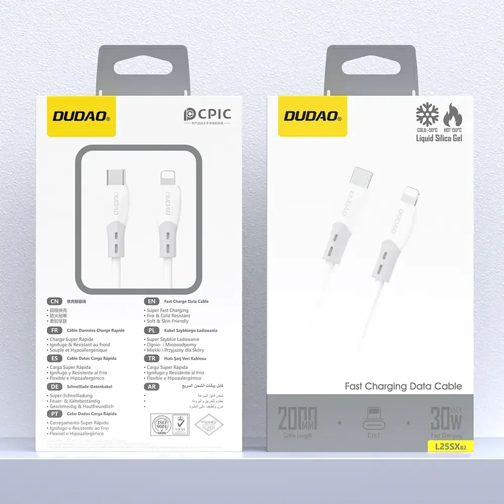 Dudao L25SX 30W USB-C - Lightning kabelis su minkštu silikoniniu apvadu 2m - Baltas