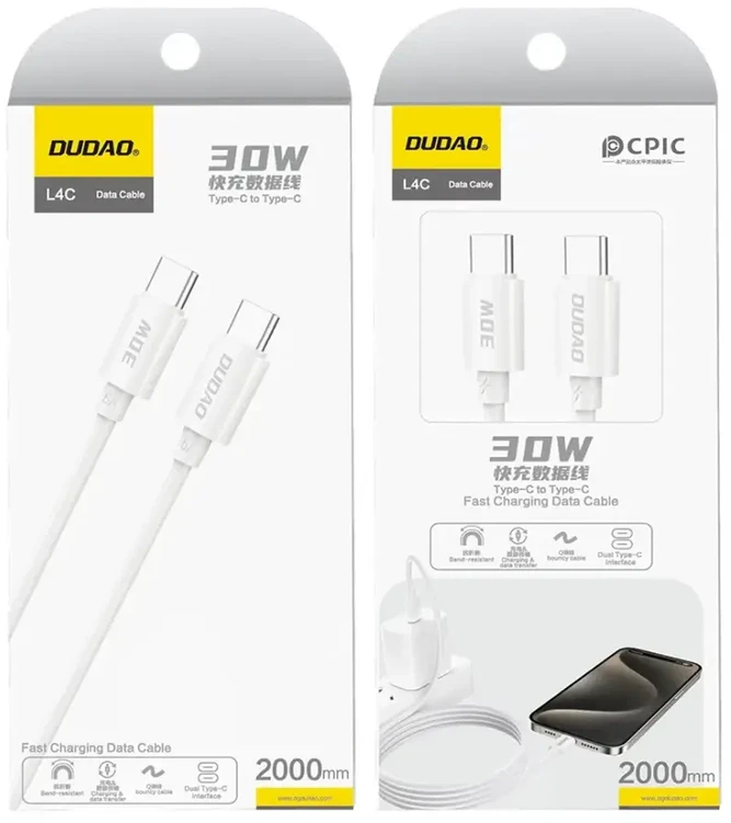 Dudao L4C duomenų perdavimo ir įkrovimo kabelis | USB-C į USB-C | 30 W | 1,2 m | baltas