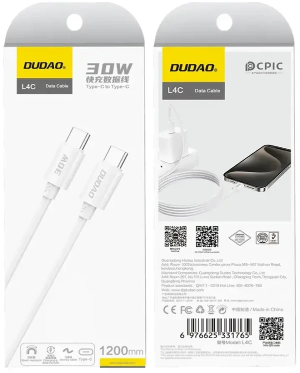 Dudao L4C duomenų perdavimo ir įkrovimo kabelis | USB-C į USB-C | 30 W | 1,2 m | baltas