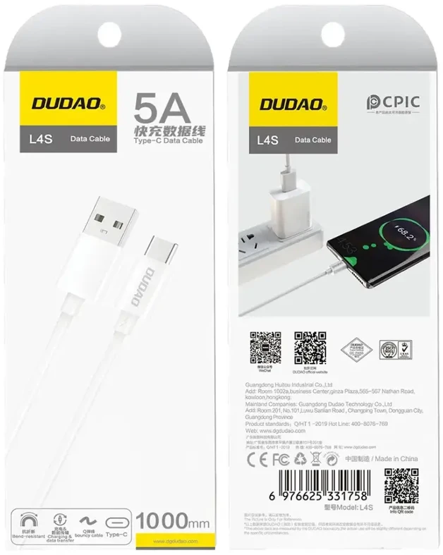 Dudao L4ST duomenų perdavimo ir įkrovimo kabelis | USB-A į USB-C | 10W | 1m | baltas