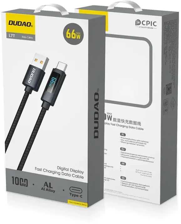Dudao L7T duomenų perdavimo ir įkrovimo kabelis | USB-A į USB-C | 66 W | su LED ekranu | 1 m | juodas