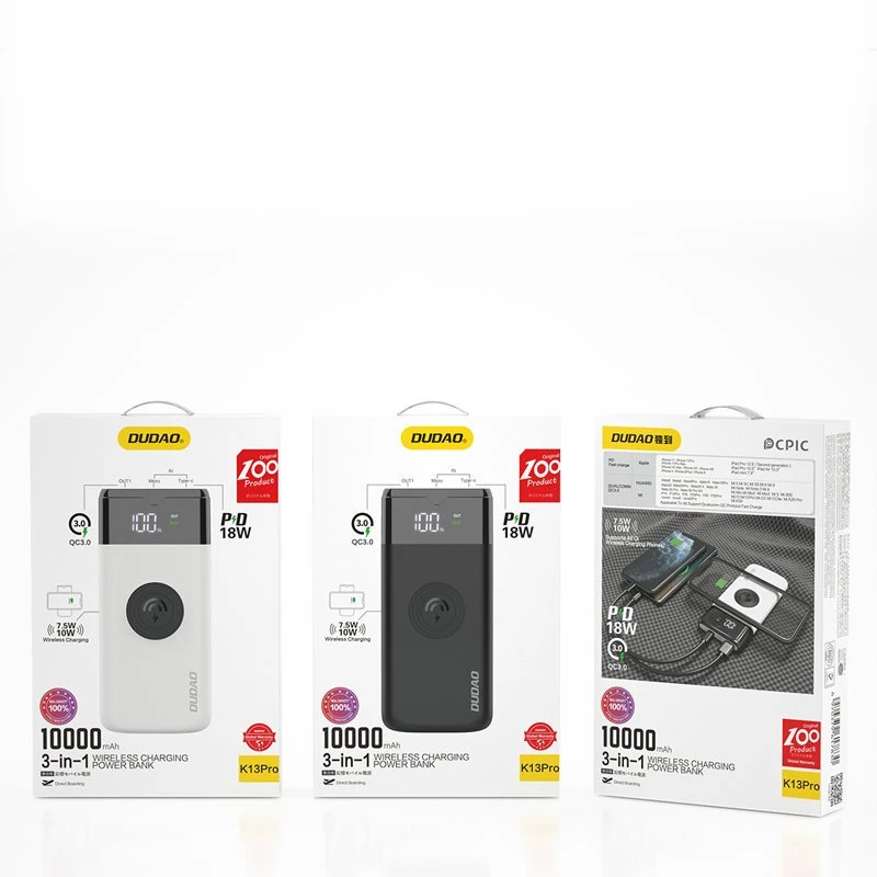Išorinė baterija POWER BANK Dudao K13Pro 10000mAh su belaidžiu įkrovikliu (PD+QC3.0 10W) juoda