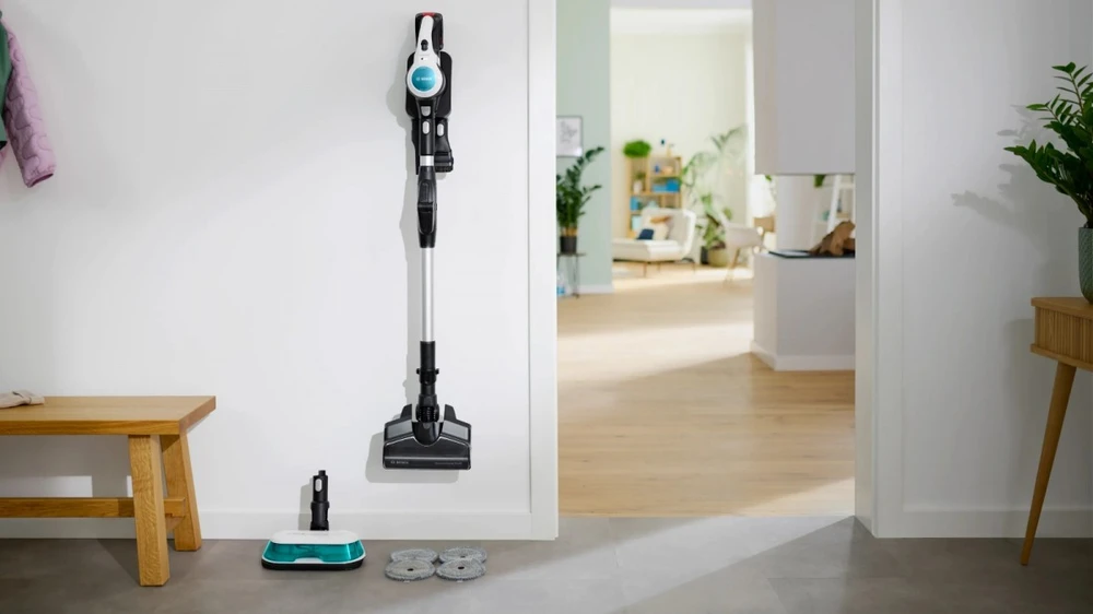 Bosch BCS71HYG1 Įkraunamas 2 viename vakuumas dulkių siurblys ir šluostė, Unlimited 7 ProHygienic Aqua, Baltas