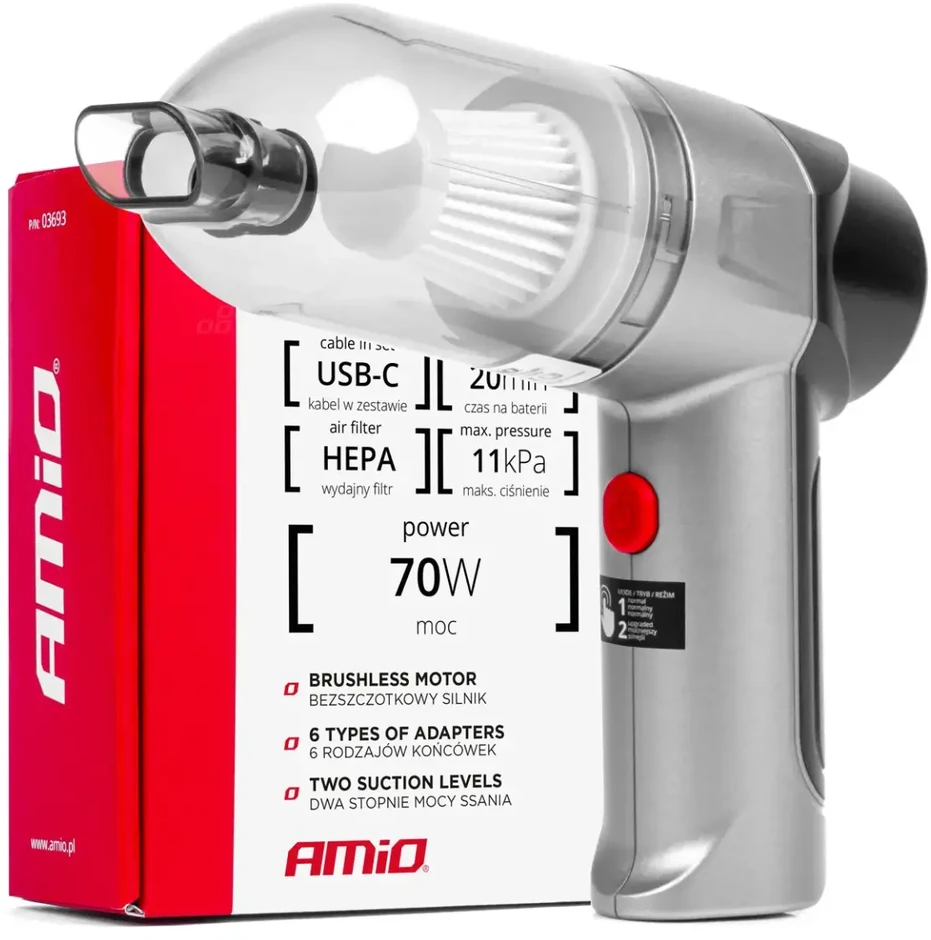 Belaidis automobilinis dulkių siurblys 70 W, 4000 mAh, su HEPA filtru, 11 kPa AMiO-03693