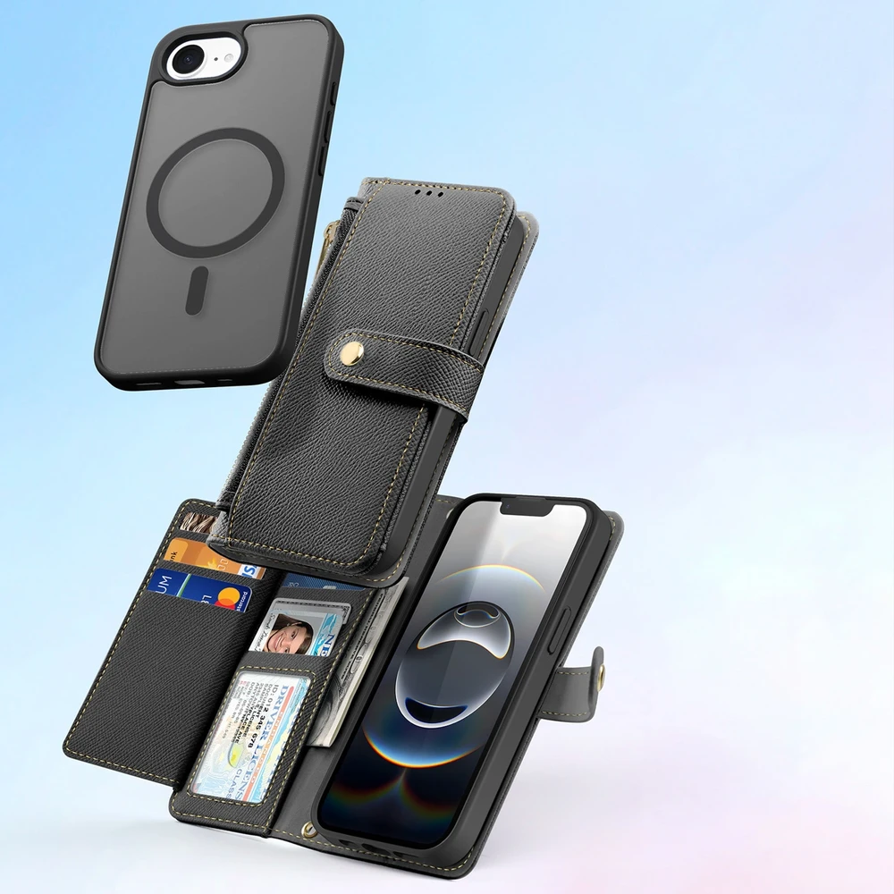 Dux Ducis Lawa Apple iPhone 16e Leather dėklas su Detachable Magnetic Wallet – juodos spalvos