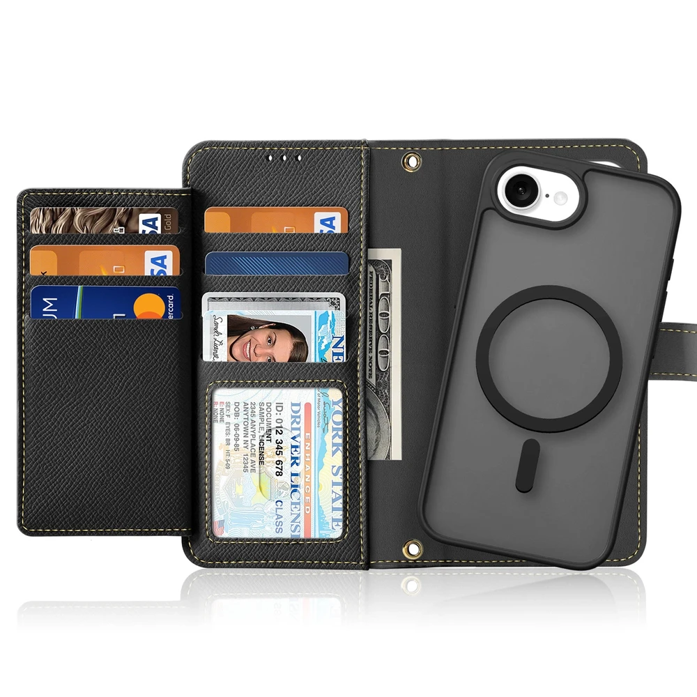 Dux Ducis Lawa Apple iPhone 16e Leather dėklas su Detachable Magnetic Wallet – juodos spalvos