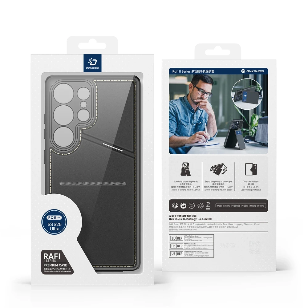 Dux Ducis Rafi II Samsung Galaxy S25 Ultra su stoveliu and Wallet – dėklas telefonui juodos spalvos