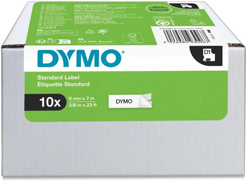 Etikečių Juosta - DYMO D1 9 mm × 7 m 10 Vnt. Juoda/Balta