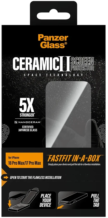 Ekrano apsauga „PanzerGlass Ceramic Ultra-Wide Fit - FASTFIT IN-A-BOX“, skirta „iPhone 17 Pro Max“ ir „18 Pro Max“