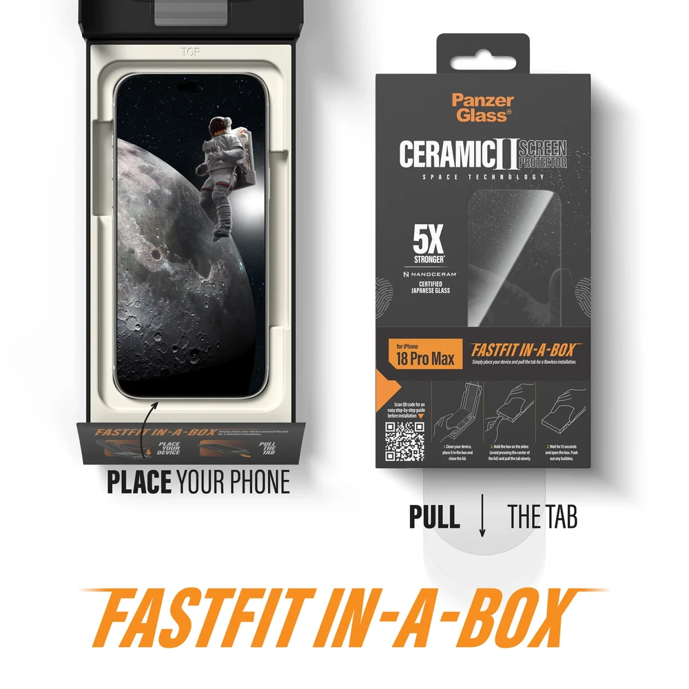 Ekrano apsauga „PanzerGlass Ceramic Ultra-Wide Fit - FASTFIT IN-A-BOX“, skirta „iPhone 17 Pro Max“ ir „18 Pro Max“
