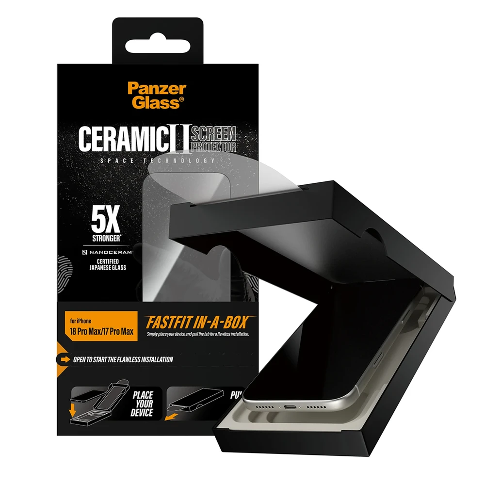 Ekrano apsauga „PanzerGlass Ceramic Ultra-Wide Fit - FASTFIT IN-A-BOX“, skirta „iPhone 17 Pro Max“ ir „18 Pro Max“