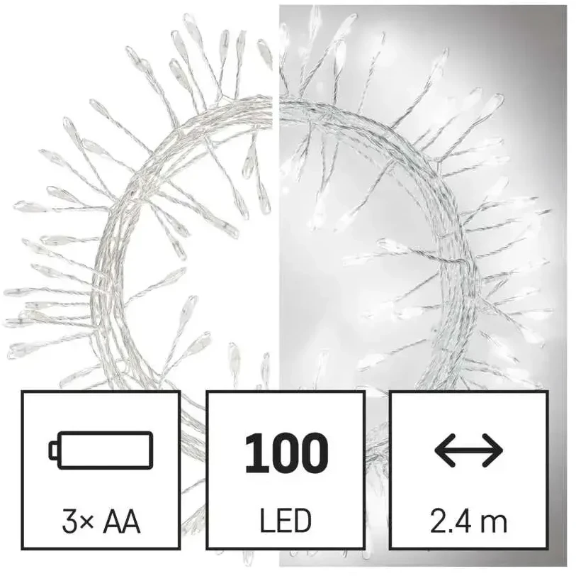 LED girlianda NANO, 4.5Vac (3xAA), 2.4m, 100 x LED, šaltai balta, su laikmačiu, EMOS