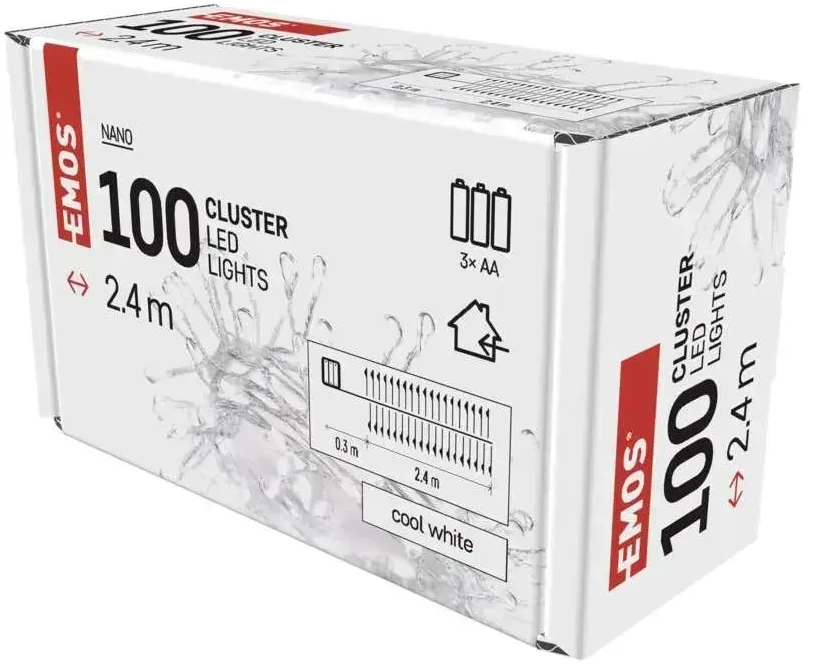 LED girlianda NANO, 4.5Vac (3xAA), 2.4m, 100 x LED, šaltai balta, su laikmačiu, EMOS