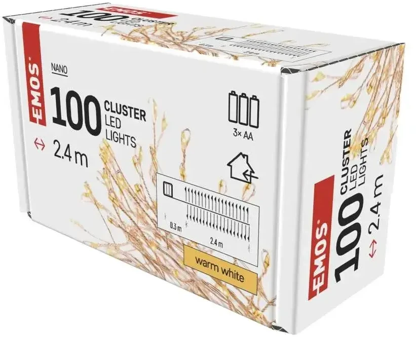 LED girlianda NANO, 4.5Vac (3xAA), 2.4m, 100 x LED, šiltai balta, su laikmačiu, EMOS
