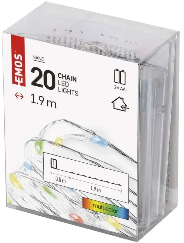 LED girlianda NANO, 3Vac (2xAA), 1.9m, 20 x LED, įvairių spalvų LED, su laikmačiu, EMOS