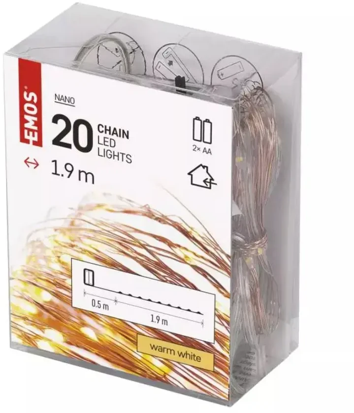 LED girlianda NANO, 3Vac (2xAA), 1.9m, 20 x LED, šiltai balta, su laikmačiu, EMOS
