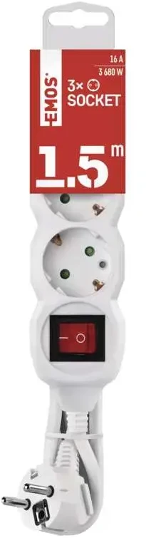 Emos Ilgiklis 3 lizdų 1.5m su įžeminimu, su jungikliu (baltas) 1.5mm²