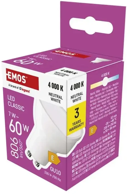 Emos LED lemputė GU10 230V MR16 7W 806lm, neutraliai balta, 4000K, 100°