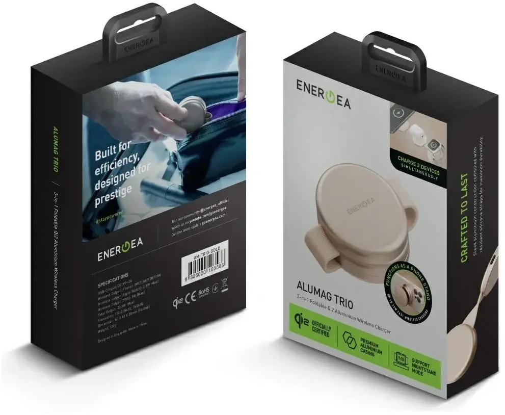 Belaidis įkroviklis Energea Alumag Trio 3in1 Qi2 15W aukso spalvos