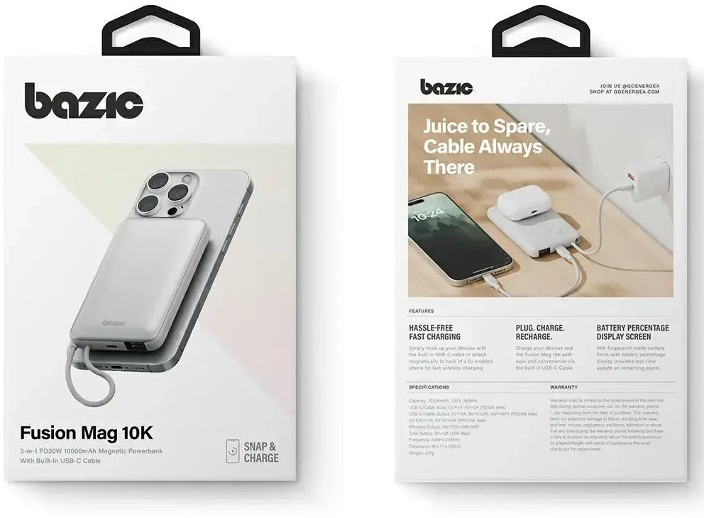 Energea PowerBank Bazic Fusion Mag 10000mAh MagSafe Cable USB-C pilkos spalvos