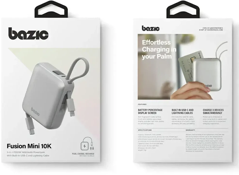 Energea PowerBank 3in1 Bazic Fusion Mini 10000mAh cable USB-C/Lightning pilkos spalvos