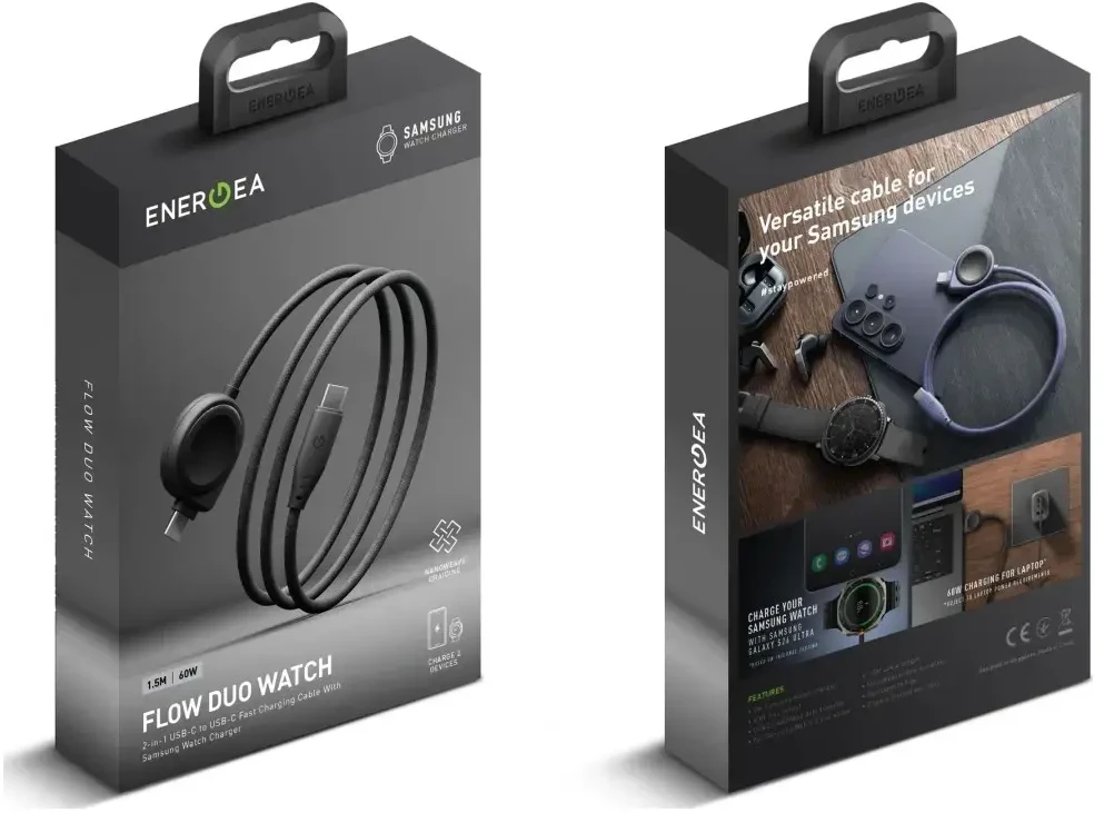 Kabelis Energea Flow Duo Watch 2-w-1 USB-C do USB-C + kroviklis do Samsung Watch 480Mb/s 60W 1.5m juoda