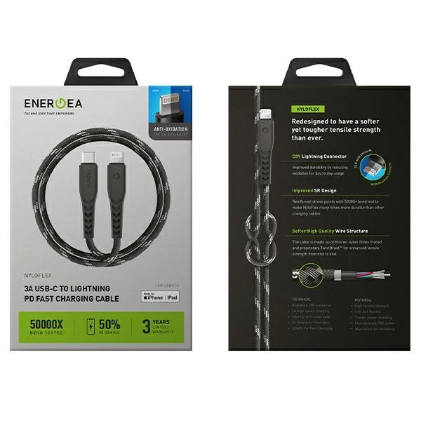 ENERGEA kabelis Nyloflex USB-C - LightningC94 MFI 3m juodos spalvos