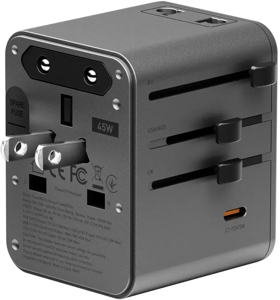 Įkroviklis jungiama į tinklą Energea TravelWorld Adapteris Mini GaN 45W PD 3xUSBC/2xUSB-A gunmetal