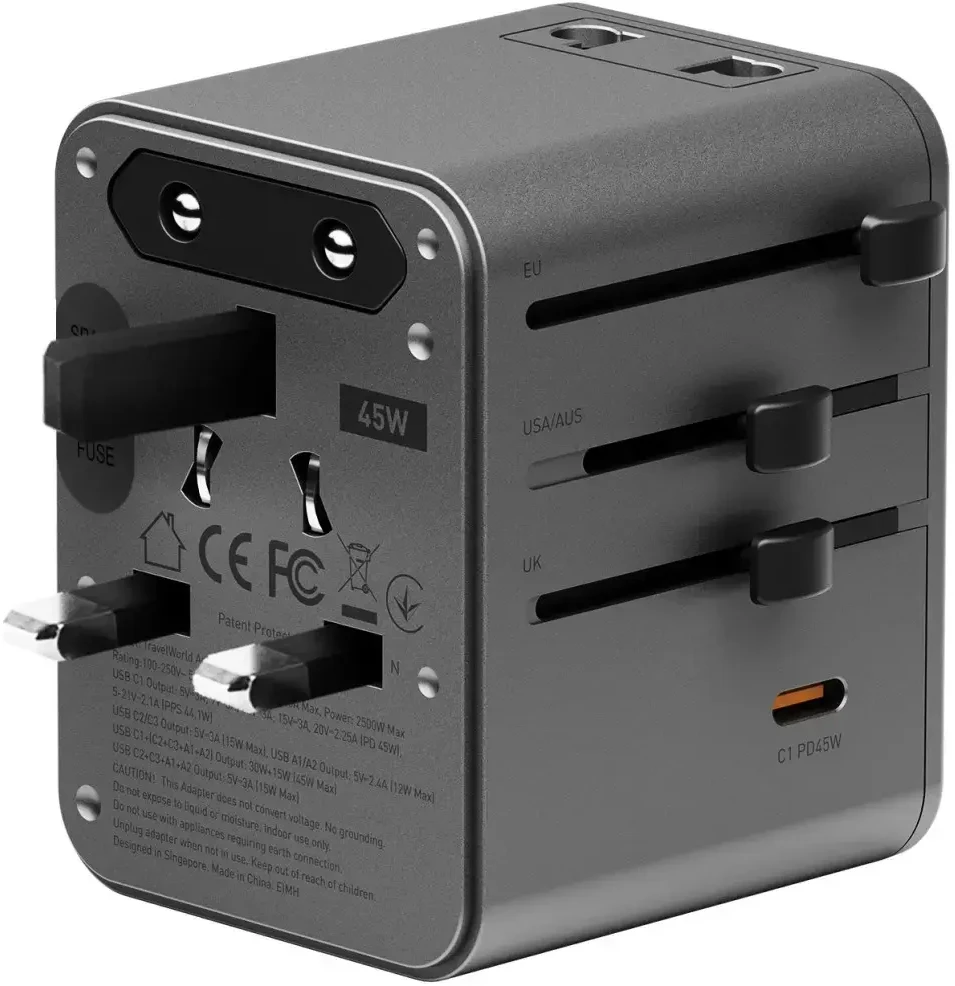 Įkroviklis jungiama į tinklą Energea TravelWorld Adapteris Mini GaN 45W PD 3xUSBC/2xUSB-A gunmetal