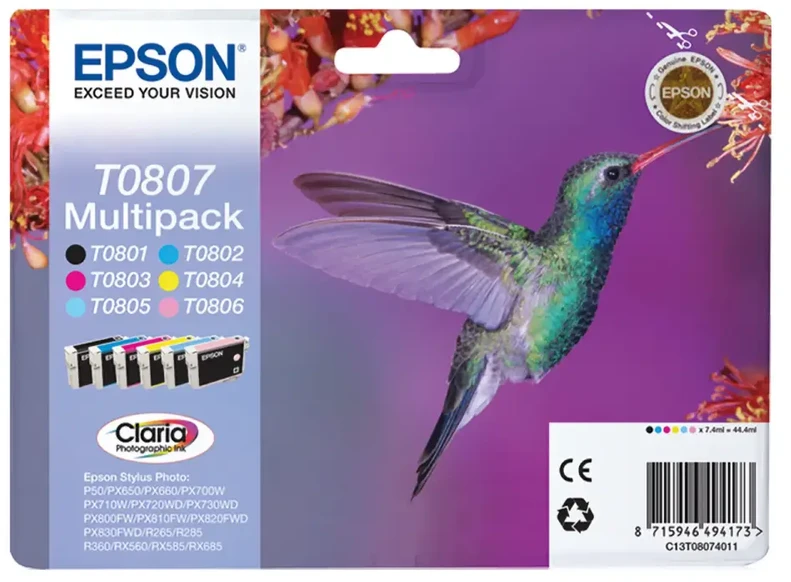 Epson Multipack 6 spalvų T0807 Claria fotografijos rašalo kasetė, Juodas, žydra, šviesiai žalsvai mėlyna, rausvai raudona, šviesiai purpurinė, geltona
