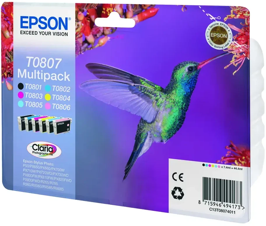 Epson Multipack 6 spalvų T0807 Claria fotografijos rašalo kasetė, Juodas, žydra, šviesiai žalsvai mėlyna, rausvai raudona, šviesiai purpurinė, geltona