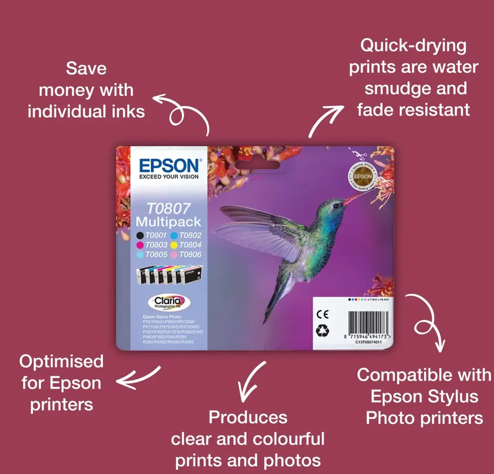Epson Multipack 6 spalvų T0807 Claria fotografijos rašalo kasetė, Juodas, žydra, šviesiai žalsvai mėlyna, rausvai raudona, šviesiai purpurinė, geltona