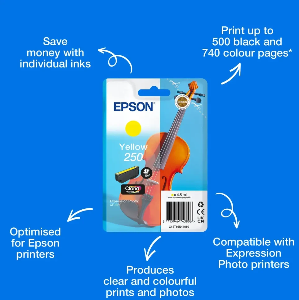 Epson 250 rašalas - 4,8 ml - Geltonas - originalus - lizdinė pakuotė - rašalo kasetė - skirtas P/N: C11CL95402