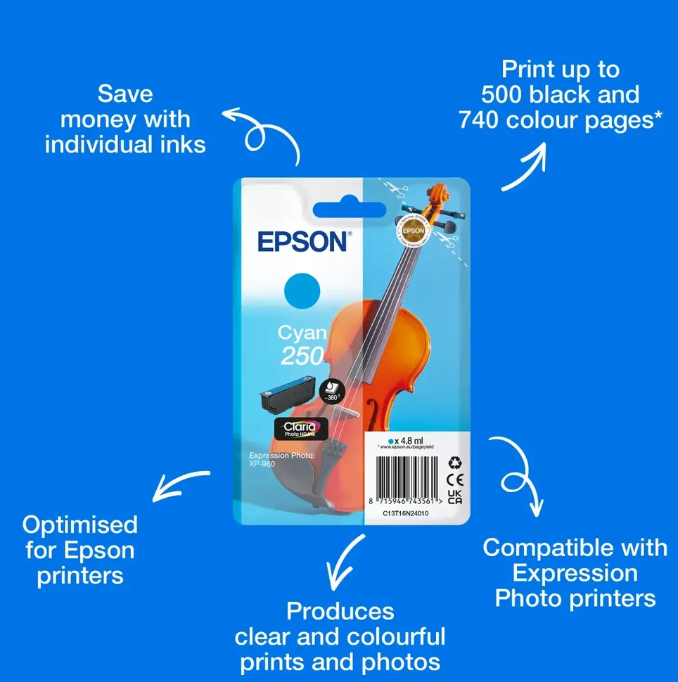 „Epson 250 rašalas – 4,8 ml – Cyan – originalus – lizdinė pakuotė – rašalo kasetė – P/N: C11CL95402“