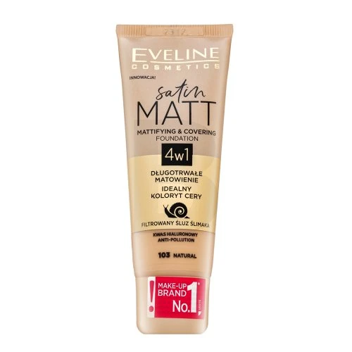 „Eveline Cosmetics“ „Eveline Satin Matt“ matinį efektą suteikiantis ir dengiantis makiažo pagrindas 4in1, 103 Natural, 30 ml