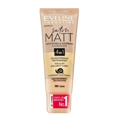 „Eveline Cosmetics“ „Eveline Satin Matt“ matinį efektą suteikiantis ir dengiantis makiažo pagrindas 4in1, 101 Ivory, 30 ml
