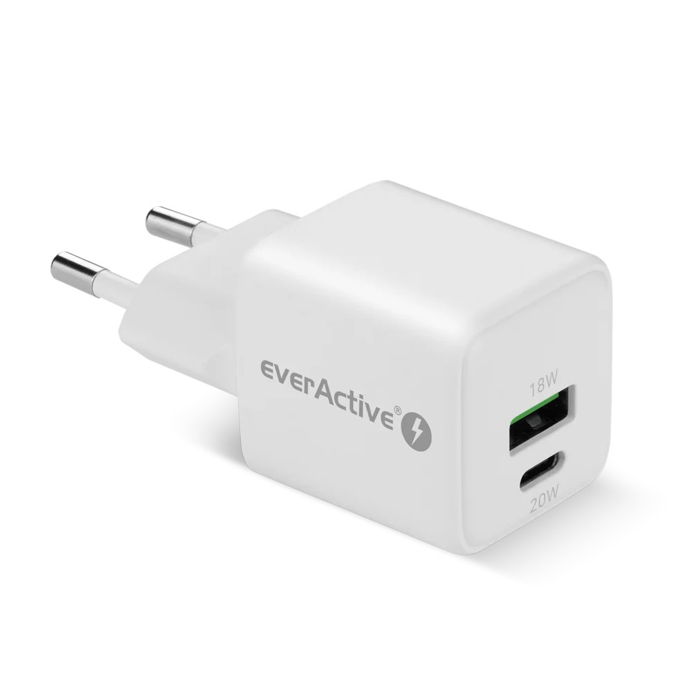 Įkroviklis - everActive 20 W 1xUSB 1xUSB-C QC3.0 PD GaN Kompaktiškas Baltas