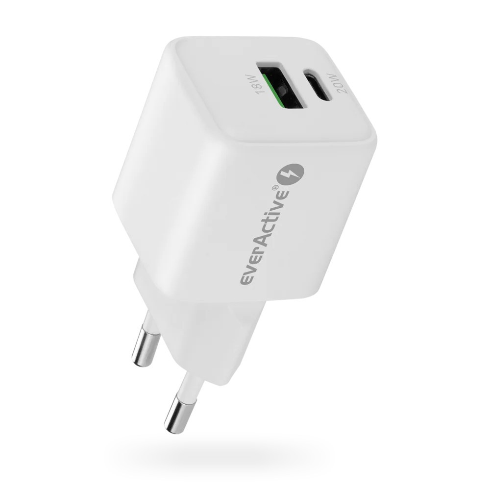 Įkroviklis - everActive 20 W 1xUSB 1xUSB-C QC3.0 PD GaN Kompaktiškas Baltas