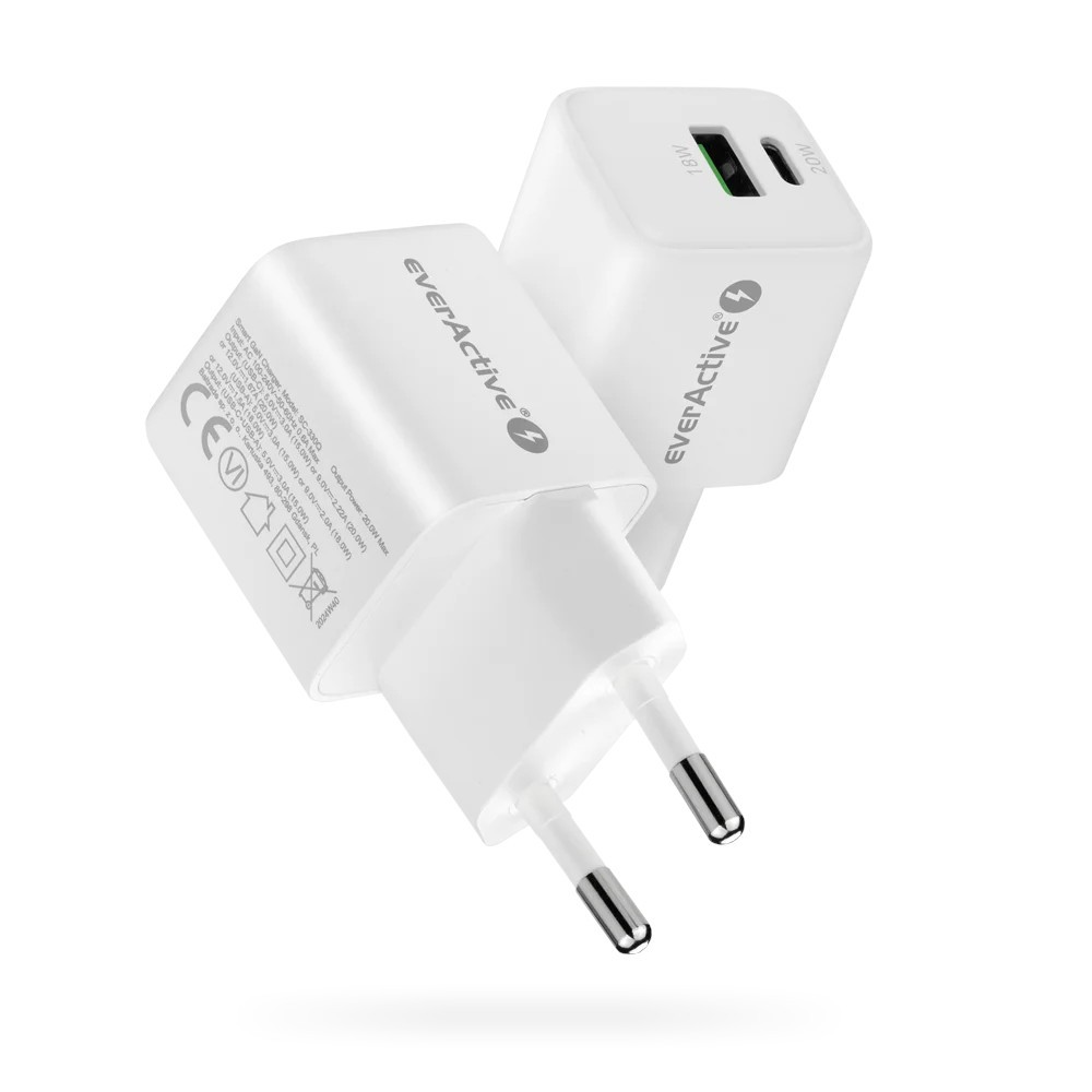 Įkroviklis - everActive 20 W 1xUSB 1xUSB-C QC3.0 PD GaN Kompaktiškas Baltas